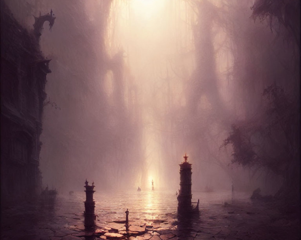 Ethereal forest scene with ancient ruins and sunlit clearing
