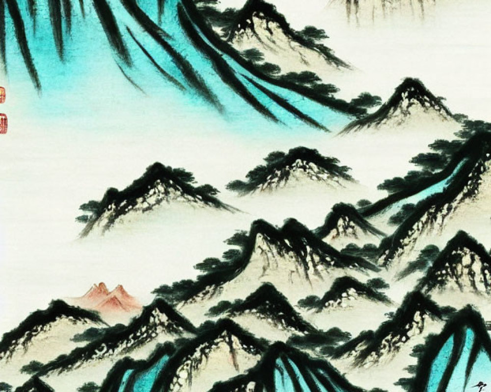 Traditional Chinese Landscape Painting: Mountains, Trees, and Blossoms with Brushwork and Calligraphy