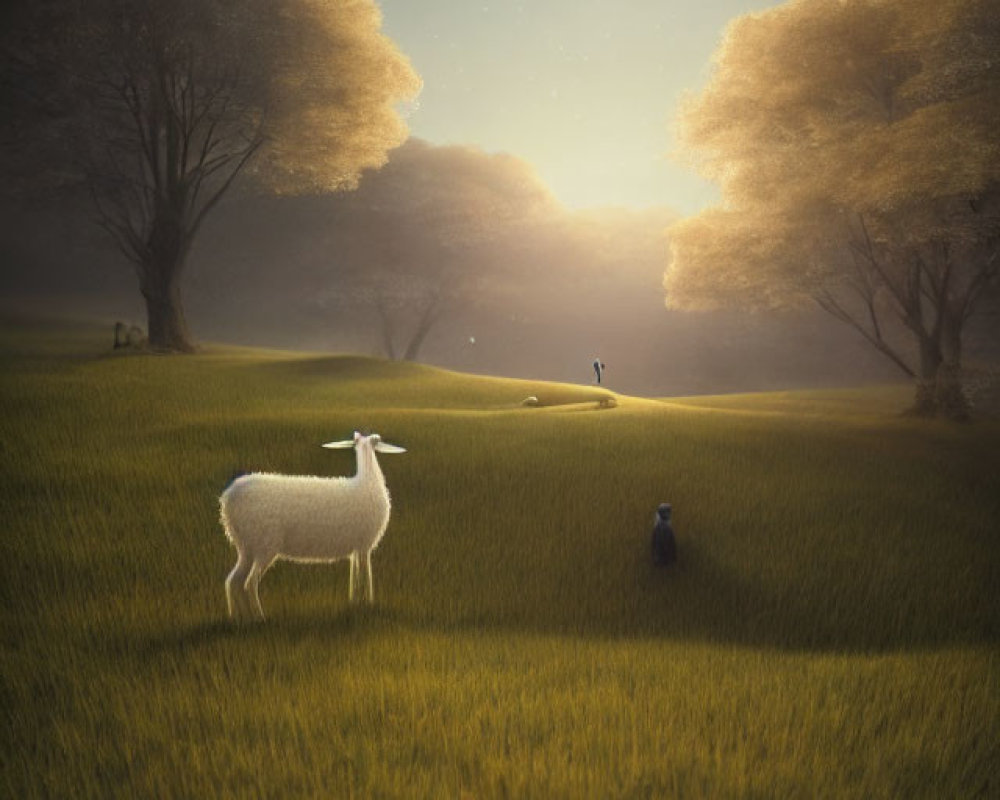 Illuminated meadow at twilight with white llama, figure, dog, crescent moon, and