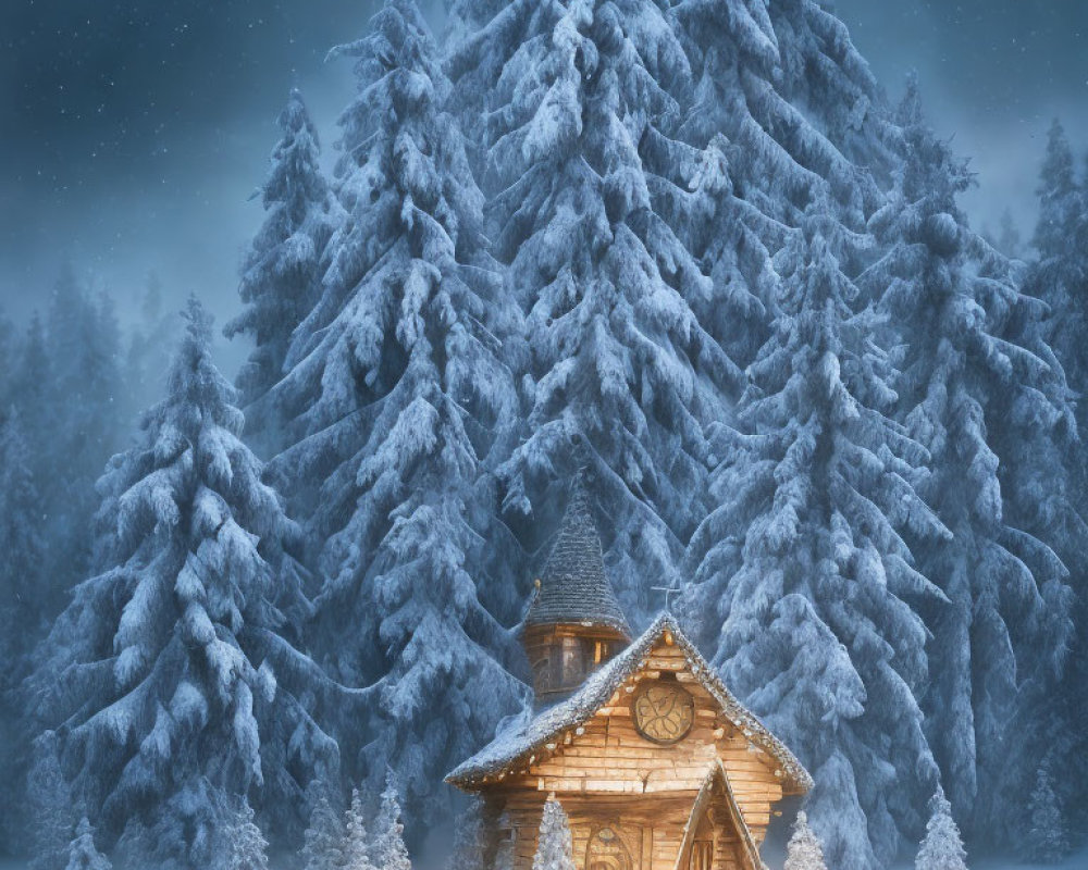 Snowy Evening Landscape: Cozy Wooden Cabin and Pine Trees