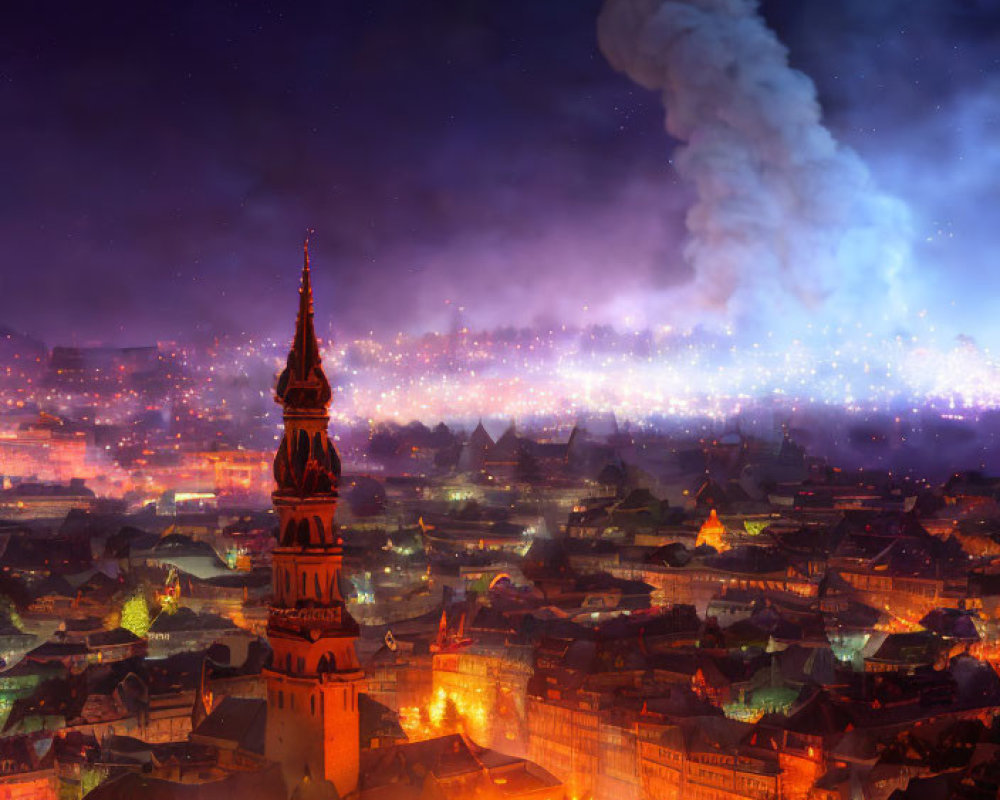 Cityscape with Spire Engulfed in Flames at Night
