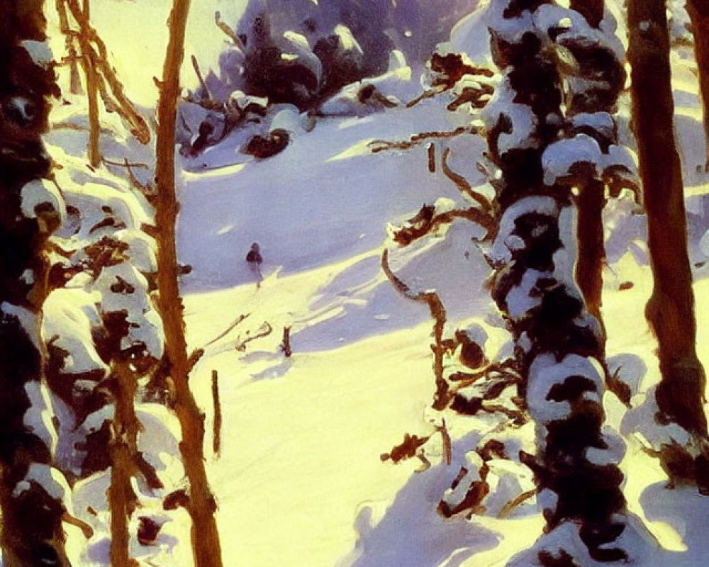 Snowy landscape with sunlit trees casting shadows in serene winter scene.