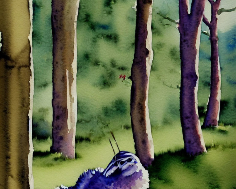 Serene forest scene with trees and resting butterfly in watercolor