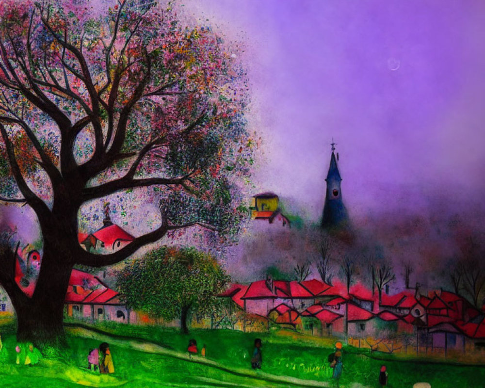 Colorful village painting with tree, houses, and people under twilight sky