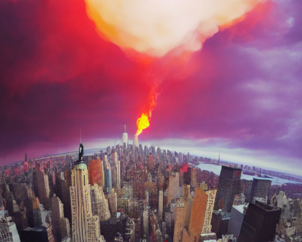 Surreal cityscape with fiery explosion and reflective orb above