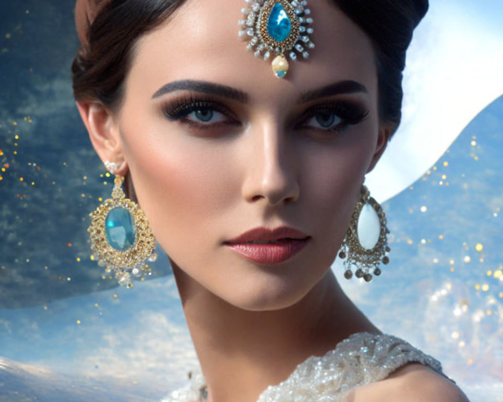 Woman with striking makeup and jeweled accessories against ethereal backdrop