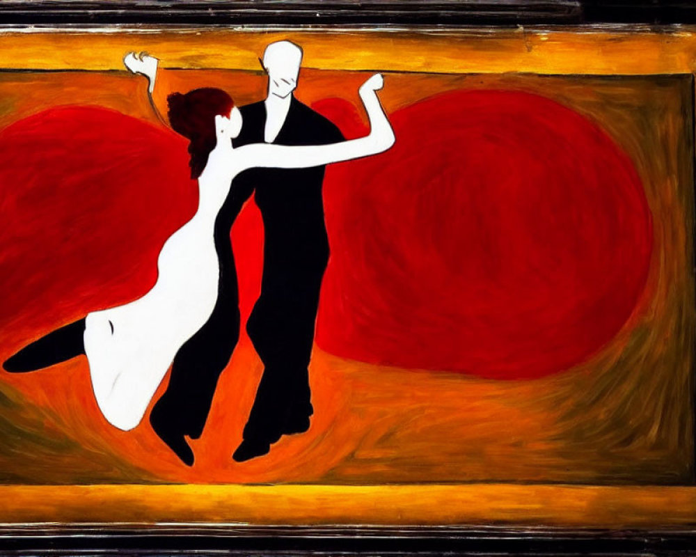 Abstract painting: Two figures dancing in black and white on red and orange background
