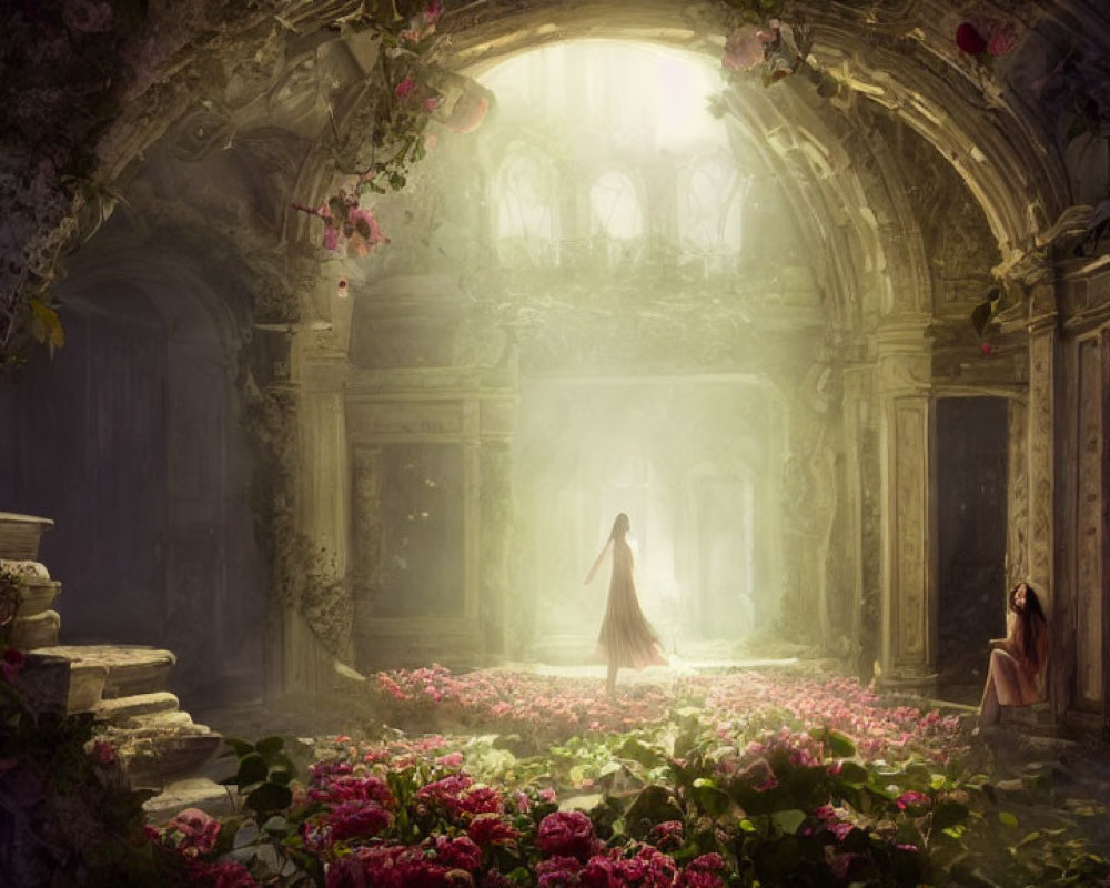 Ethereal figures in flowing gowns among roses and light in mystical ruin