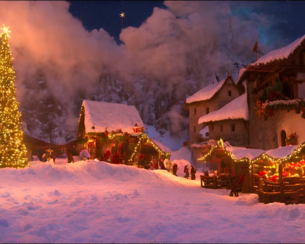 Snow-covered village scene with Christmas decorations and festive atmosphere