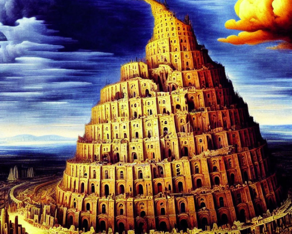 Detailed Painting of Tower of Babel with Spiraling Structure and Dramatic Sky