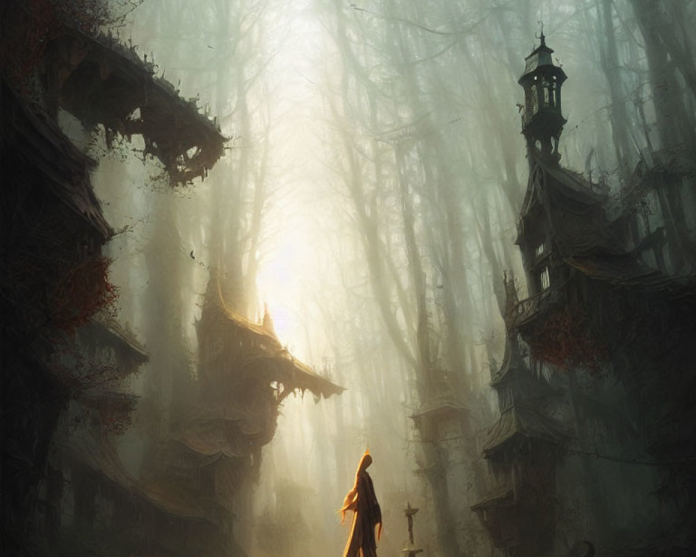 Mystical forest scene with cloaked figure and ancient lanterns