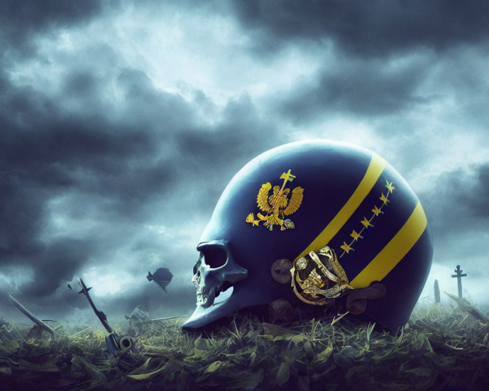 Skull with Military Helmet Design in Stormy Sky and War Symbols