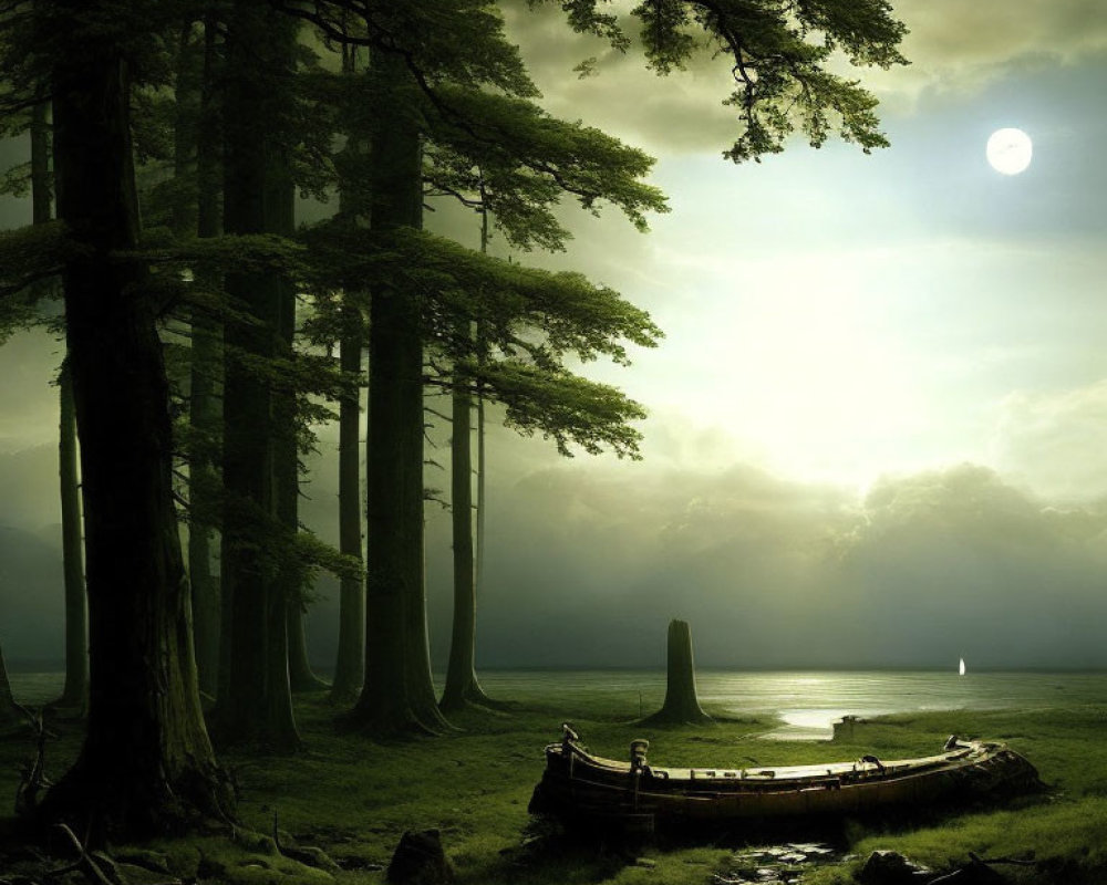 Tranquil forest landscape with moonlit lake & mysterious figure