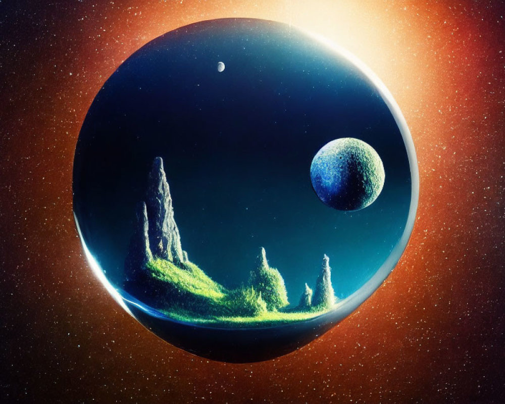 Colorful conceptual artwork of spherical terrarium habitat in space