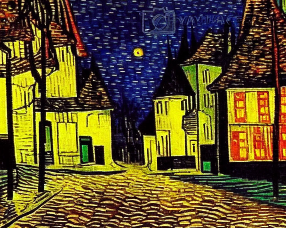Vibrant Starry Night Painting of Small Town Street