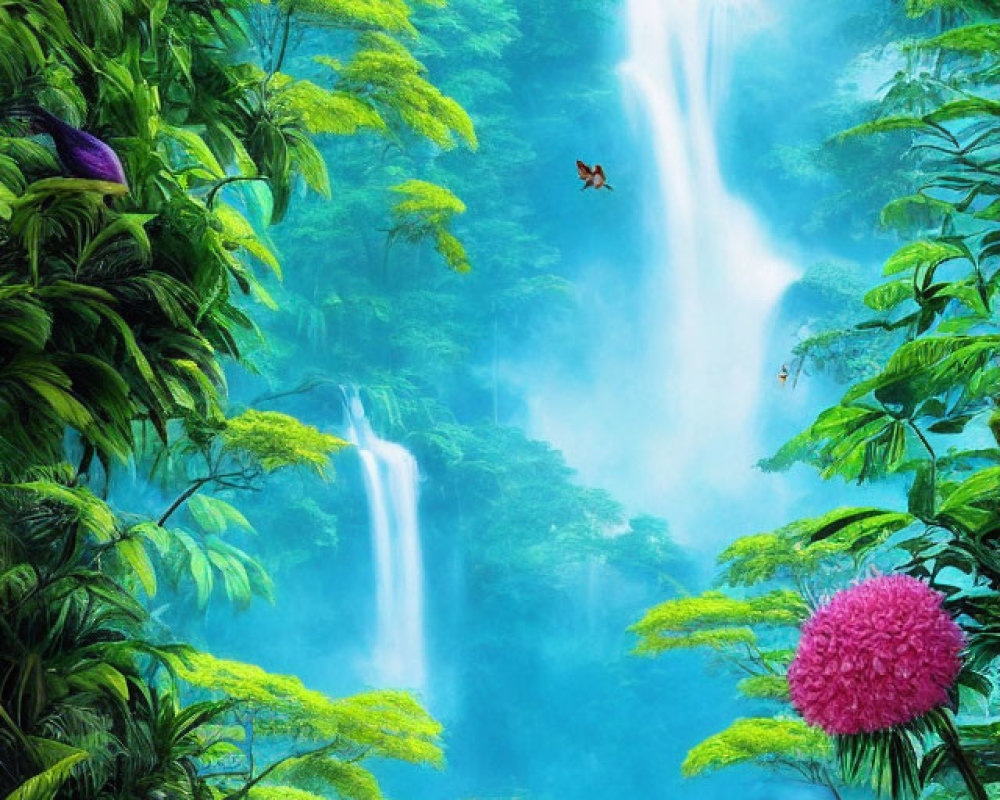 Lush Waterfall in Tropical Setting with Birds and Flowers