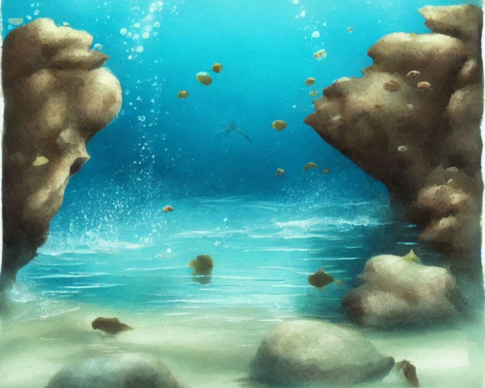 Underwater scene with rocks, floating particles, and lone fish in serene blue.