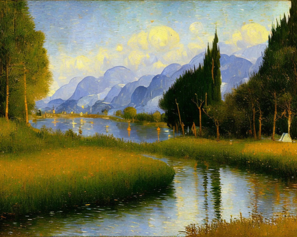 Tranquil river landscape with trees, mountains, and clouds
