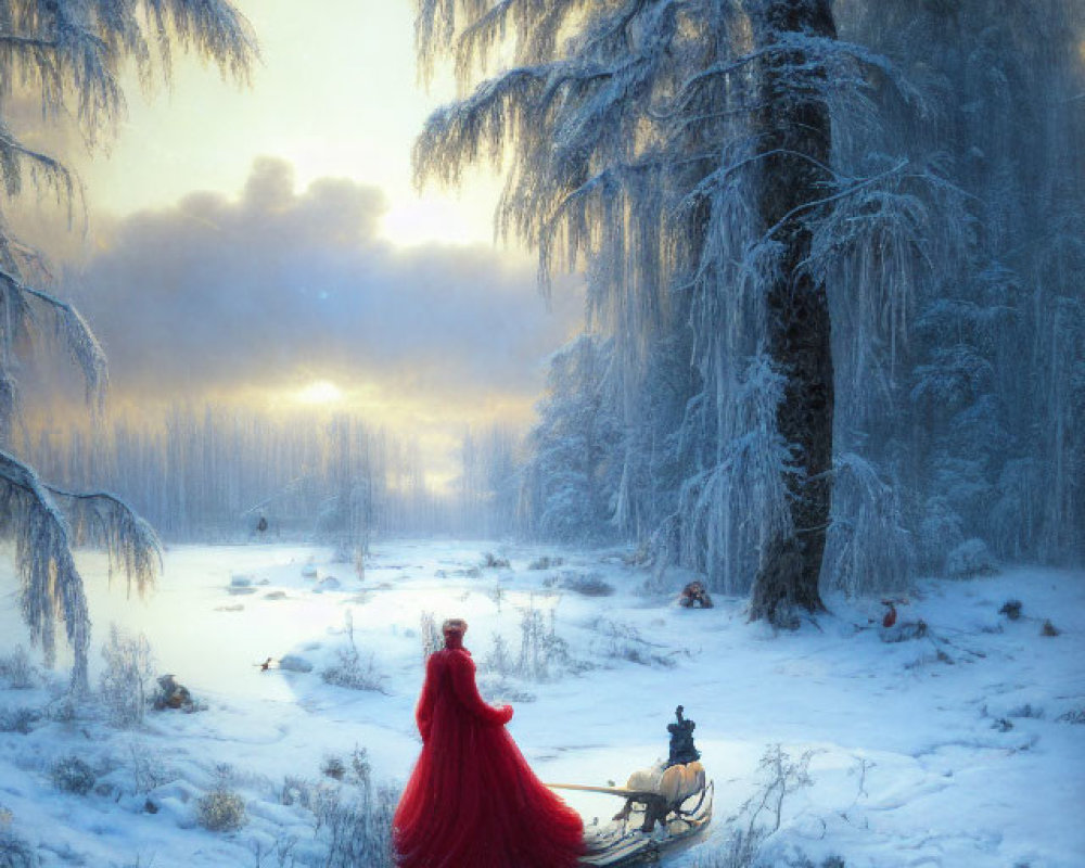 Person in red cloak on boat with dog in serene winter landscape