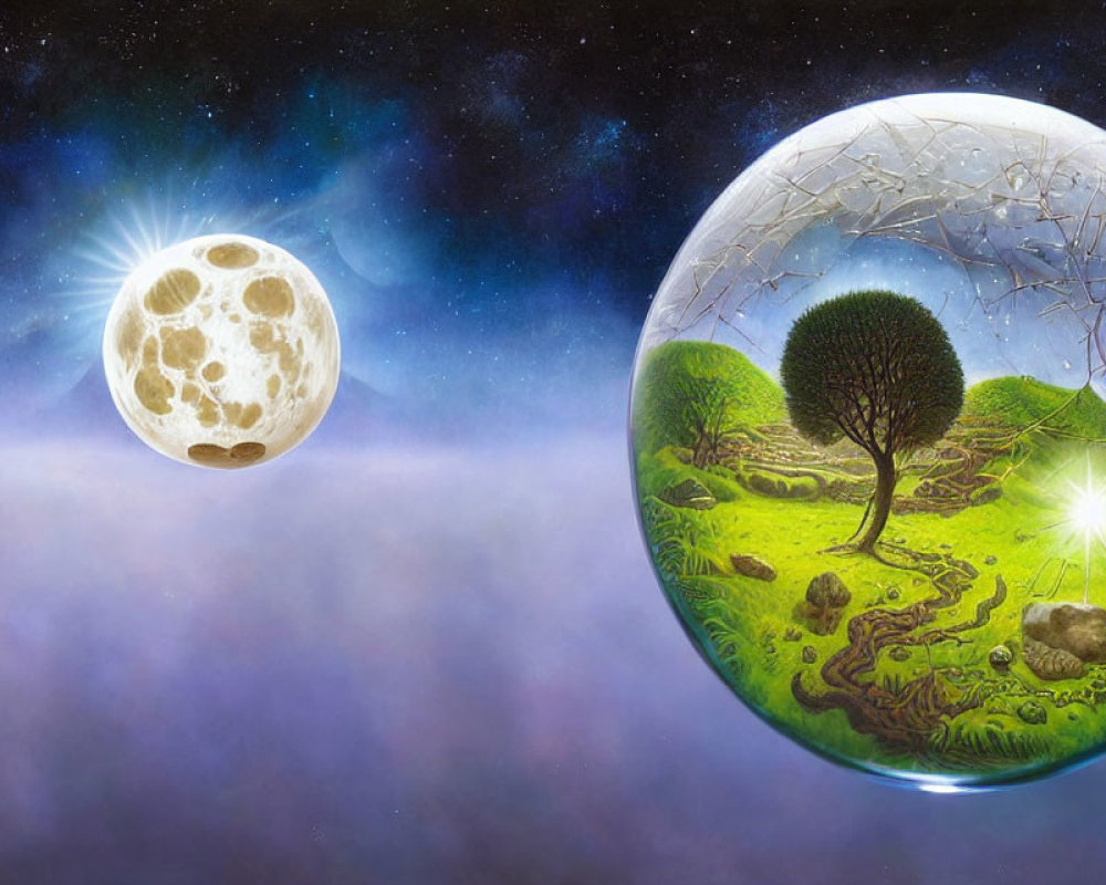 Surrealist artwork: Glowing moon and vibrant bubble with tree, river, grass, starry