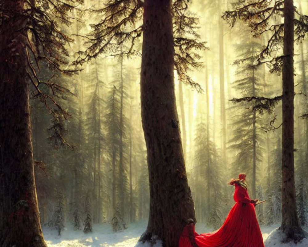 Person in Red Cloak Stands in Snowy Forest with Sunbeams