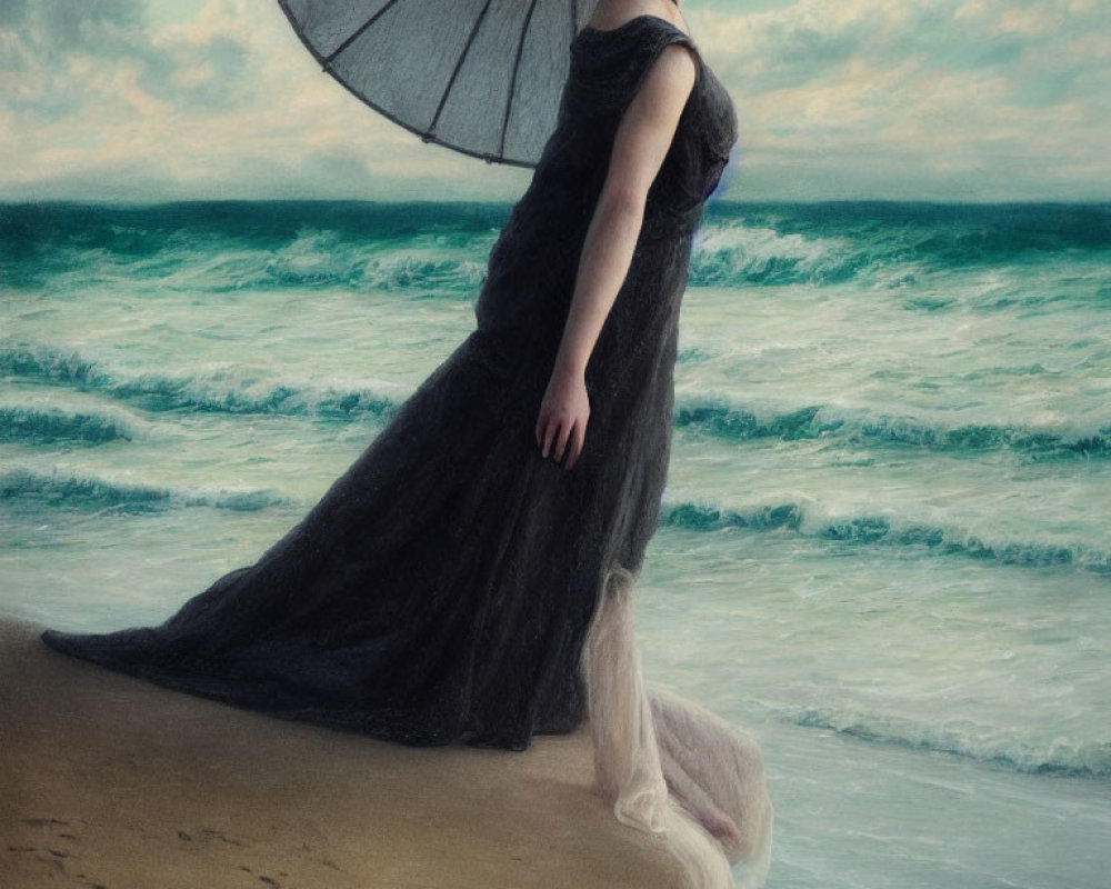 Woman in Black Dress with Parasol on Beach Looking at Turbulent Sea Waves