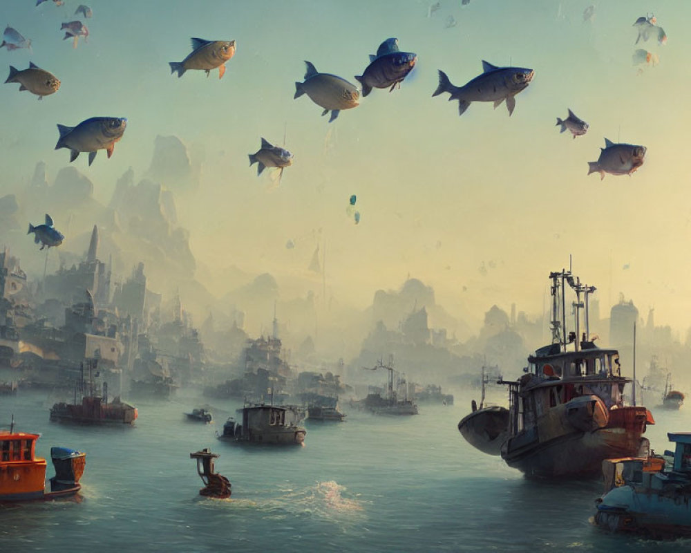 Misty aquatic cityscape with floating boats and flying fish.