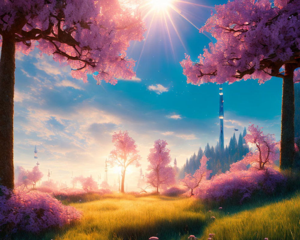 Fantasy landscape with pink cherry blossoms, glowing sun, green grass, and mysterious tower