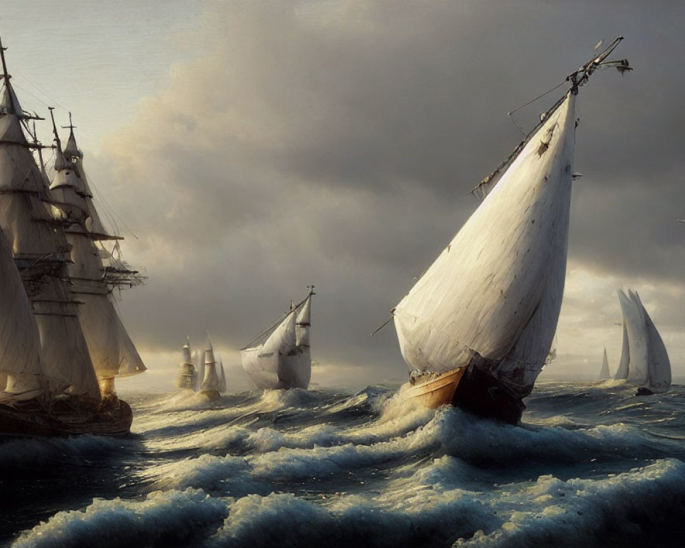 Sailing ships with billowing sails on choppy ocean waters