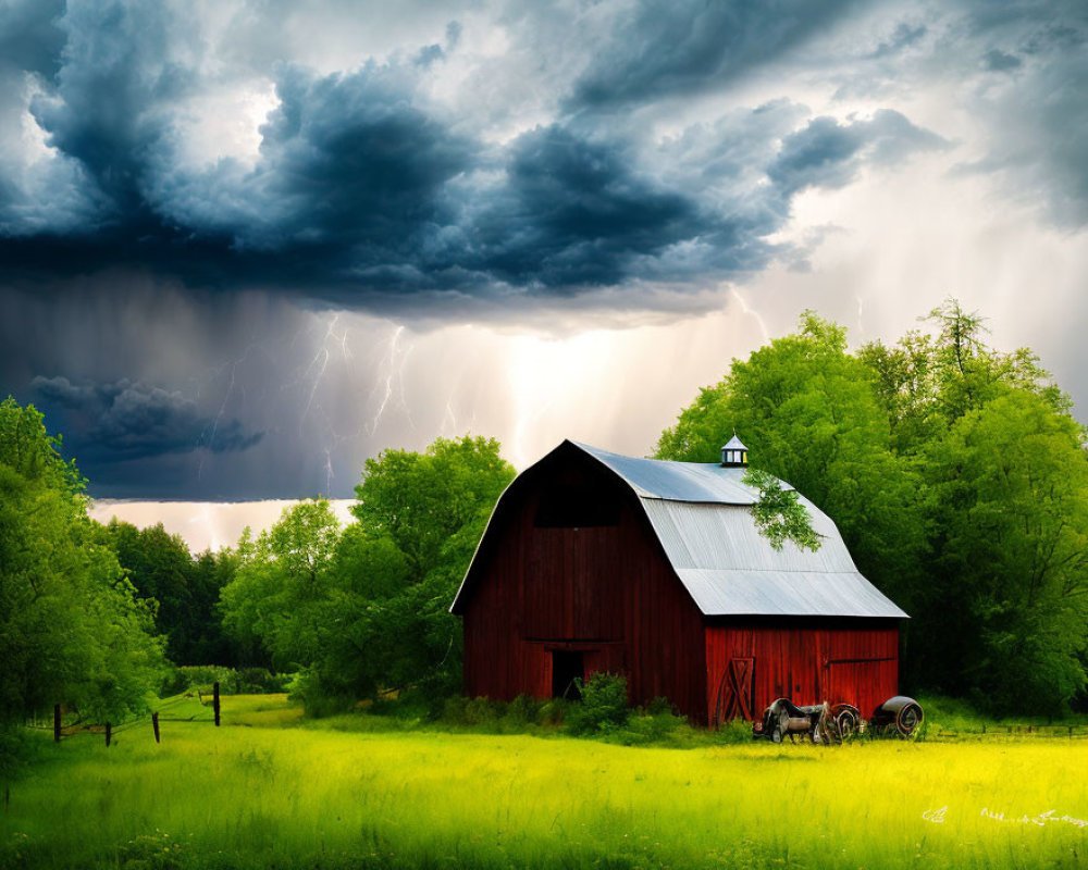 Scenic landscape: red barn, silver roof, stormy sky, lightning