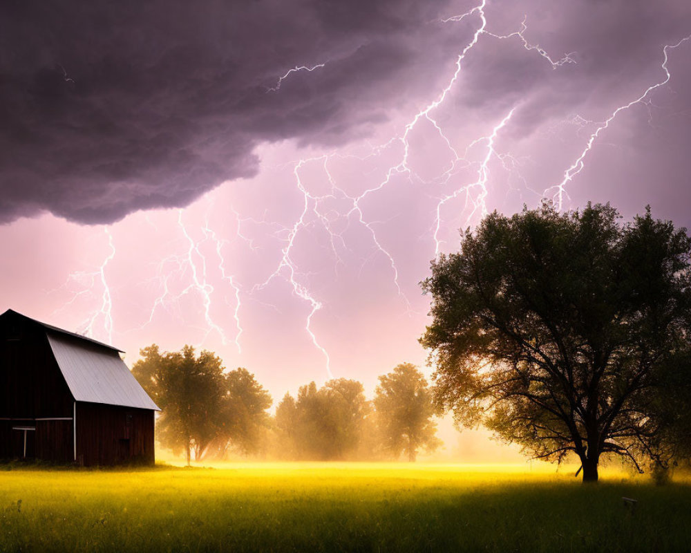 Stormy sky over barn and tree with lightning strikes