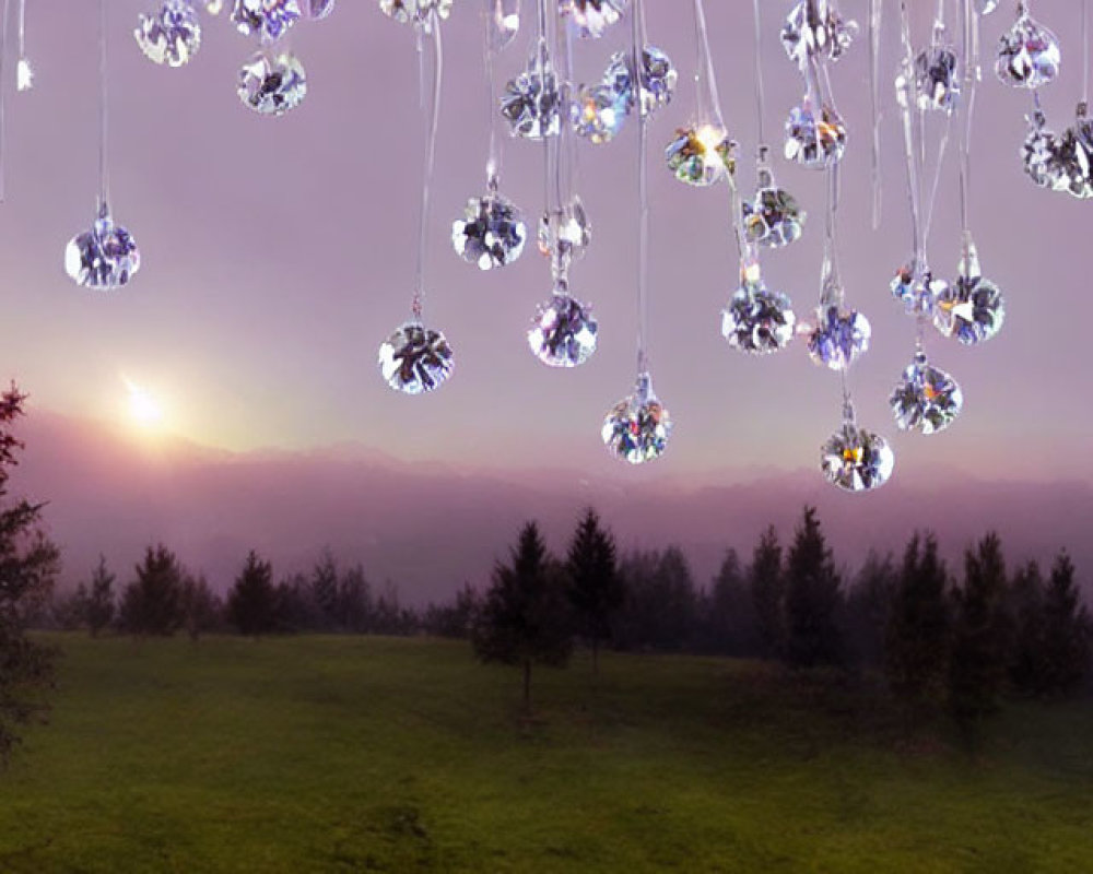 Tranquil field at sunset with gleaming crystal pendants