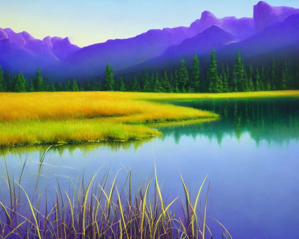 Tranquil lake landscape with lush greenery and mountains