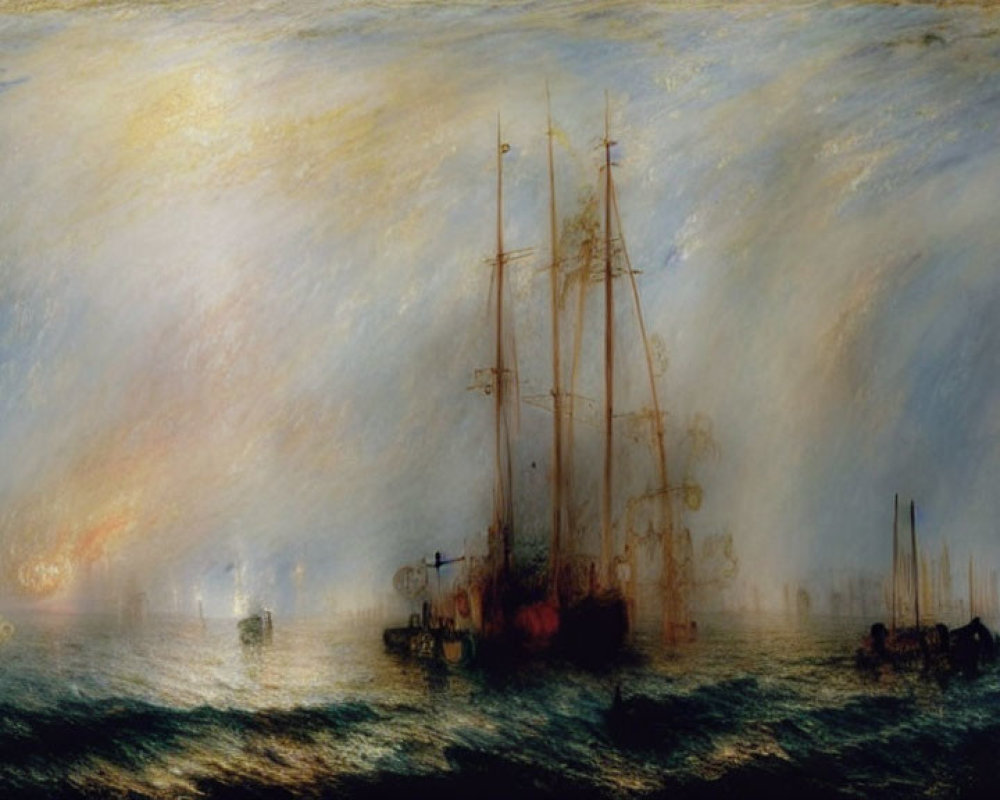 Dark and warm-toned painting of ships at sea with ethereal quality