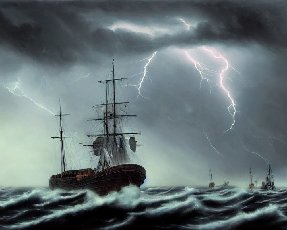 Tall ship sailing turbulent seas under stormy sky