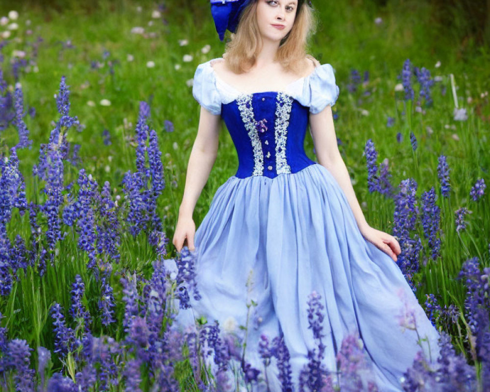 Woman in Blue and White Dress with Blue Hat in Field of Purple Flowers