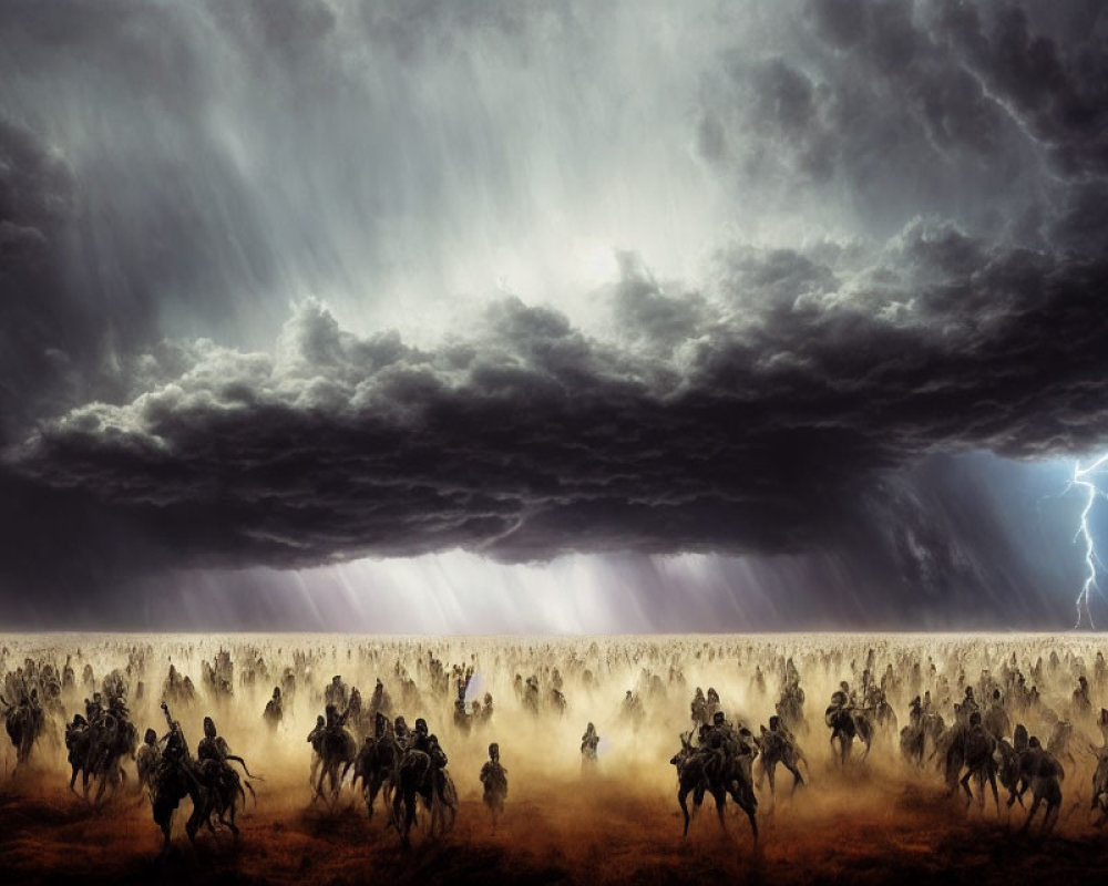 Cavalry charge scene under stormy sky with lightning