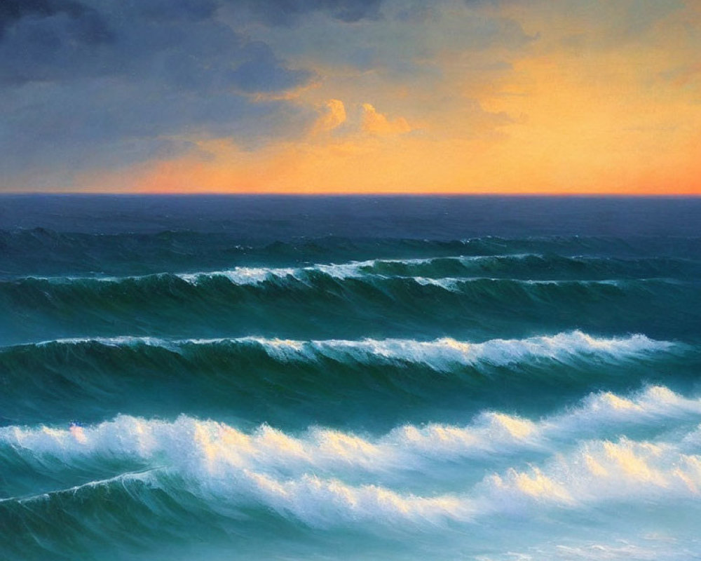 Stormy Sea Painting with Rolling Green Waves and Orange Sunset Sky
