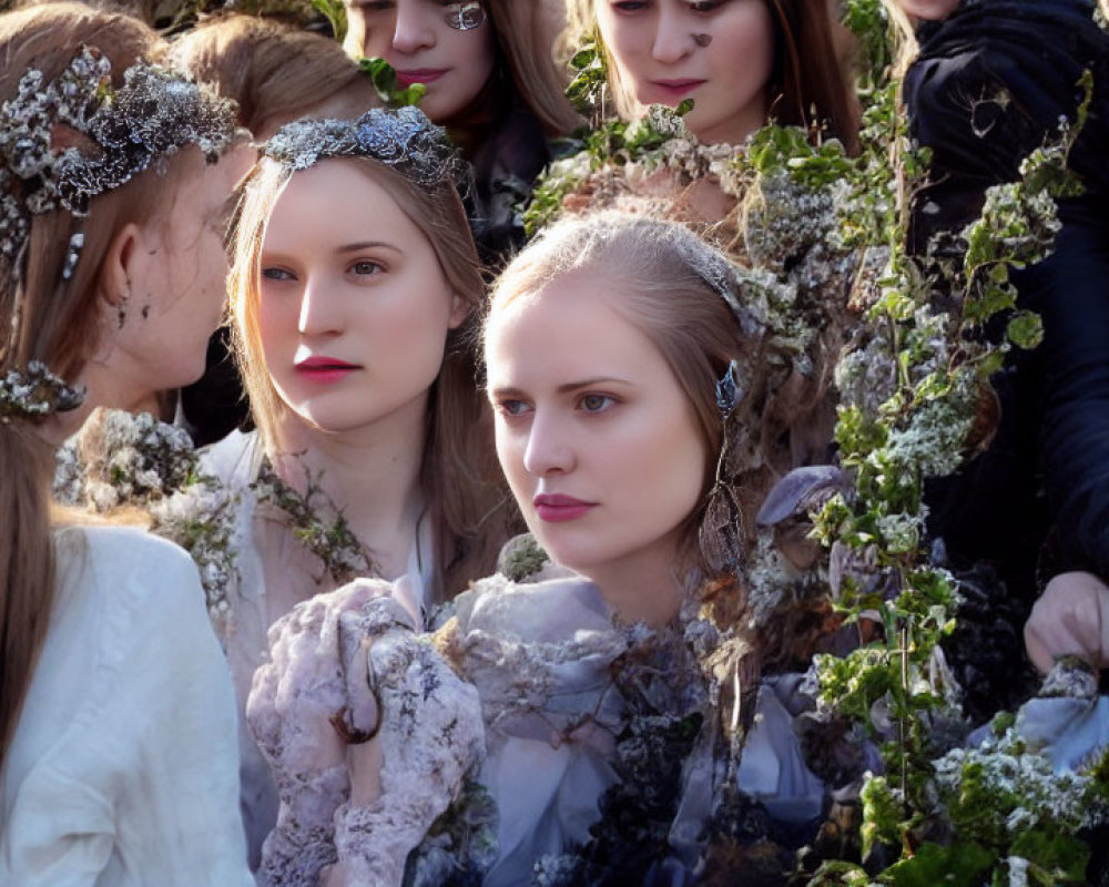 Group of individuals in nature-themed costumes with floral headpieces, gathering closely.