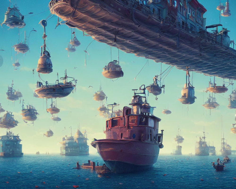 Various ships floating above ocean with buildings and boats under blue sky