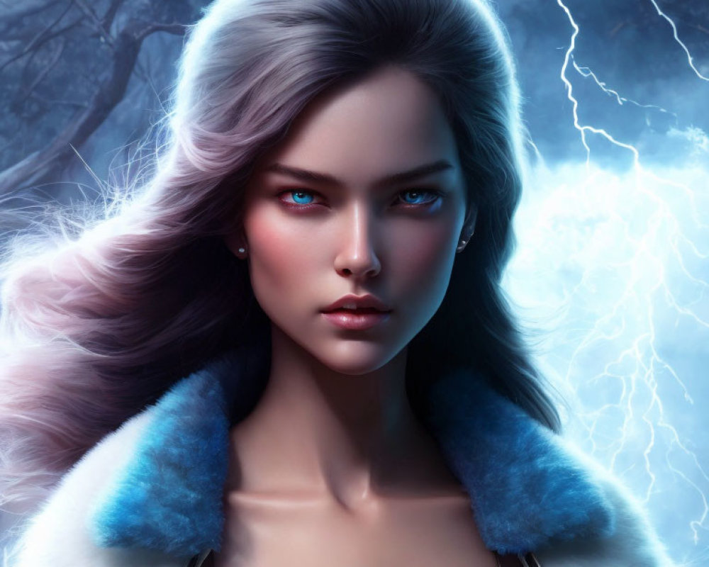 Portrait of Woman with Blue Eyes and Silver Hair in Mystical Setting