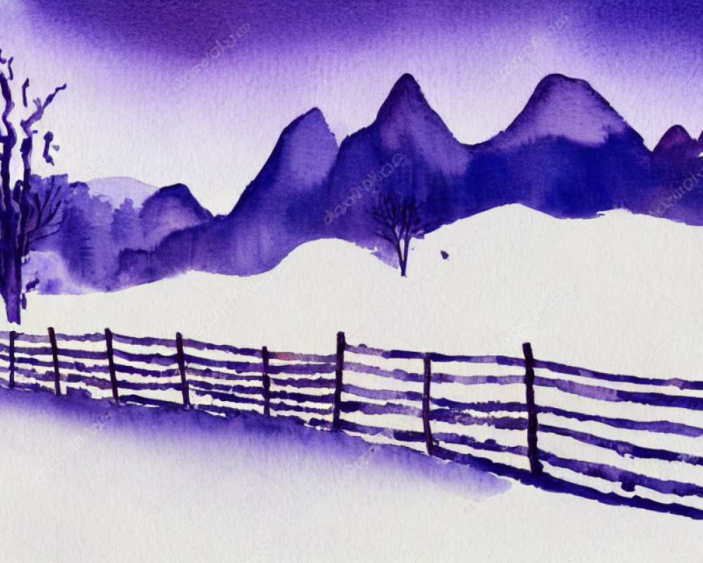 Winter Landscape Watercolor Painting with Purple Mountains and Bare Tree