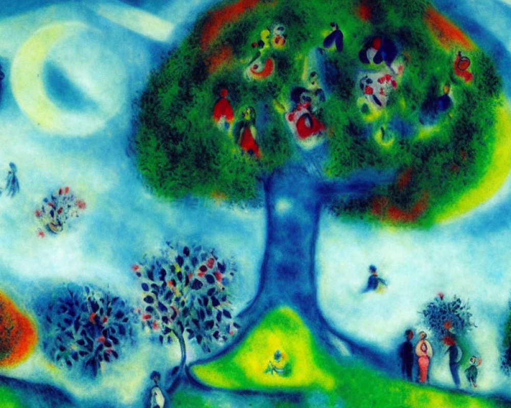 Colorful Impressionistic Painting of Dreamlike Scene with Central Tree