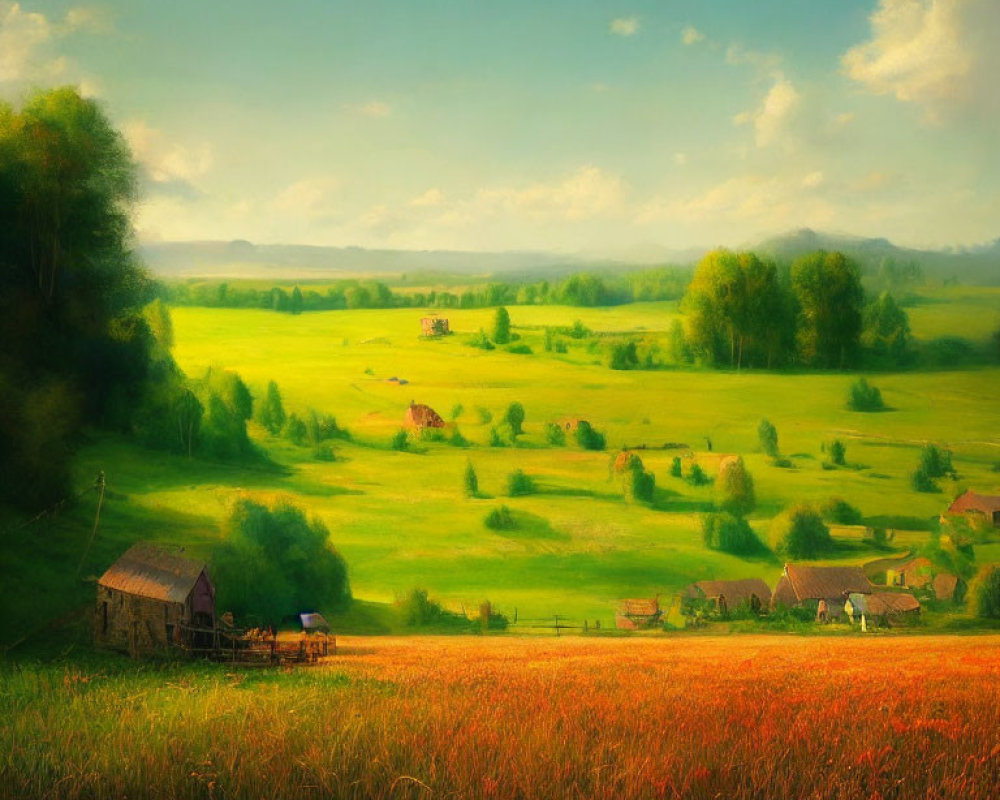 Tranquil rural landscape with red flowers, green hills, houses, and glowing sky