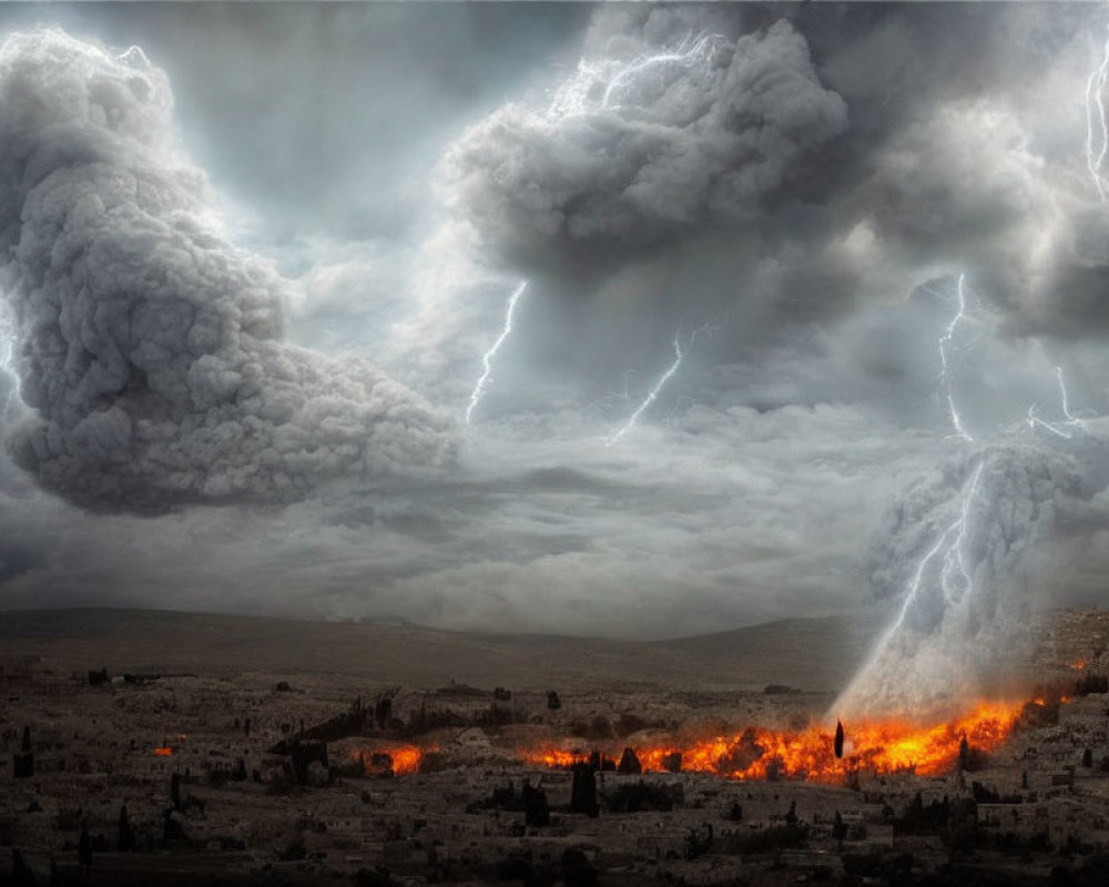 Dark storm clouds, lightning strikes, and fiery blaze in desolate city landscape