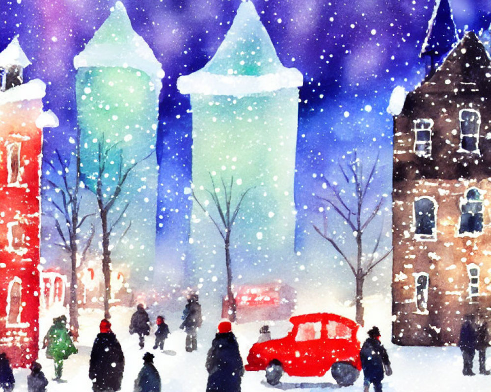 Snowy Street Scene Watercolor Painting with Red Car & Colorful Buildings
