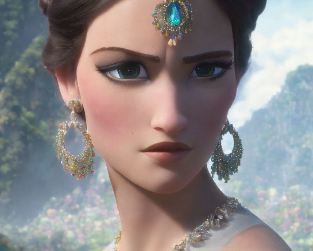 Detailed 3D animated female character with intricate hairdo and gold jewelry.