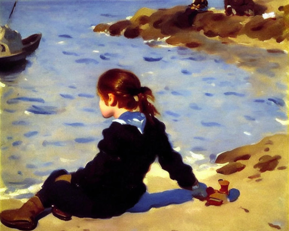 Child in black outfit playing on sandy beach with figures and boat in background