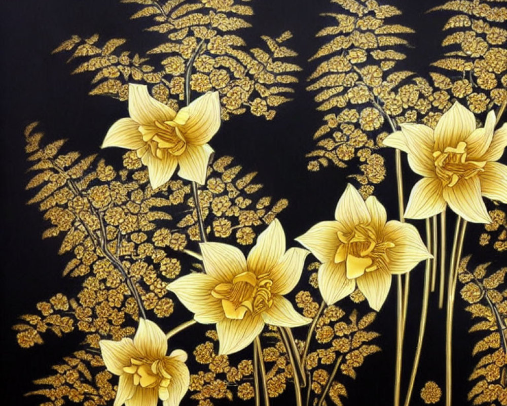 Elegant golden flowers and leaves on black background