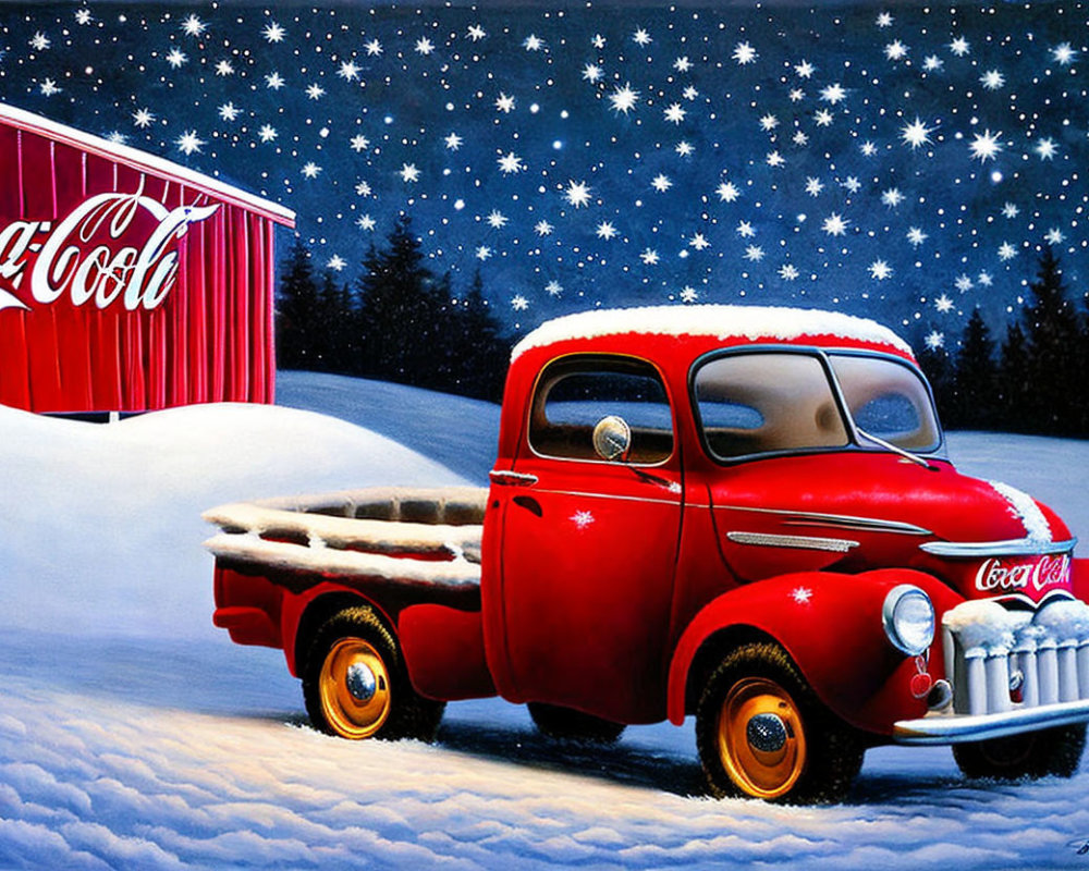 Vintage red pickup truck with Coca-Cola logo in snowy night scene next to red barn